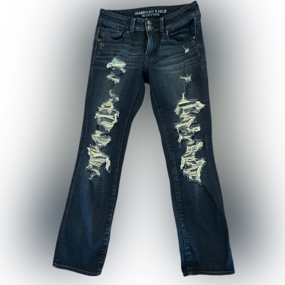 AMERICAN EAGLE 360 HIGH RISE SUPER STRETCH DISTRESSED DARK WASH JEANS